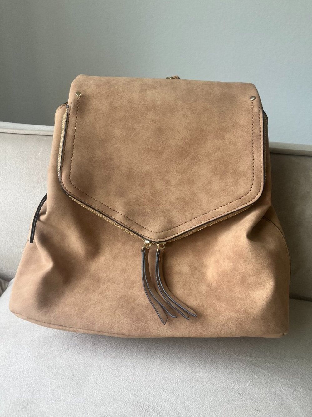 A New Day Target Faux Suede Flap Zip Backpack in Camel / Tan